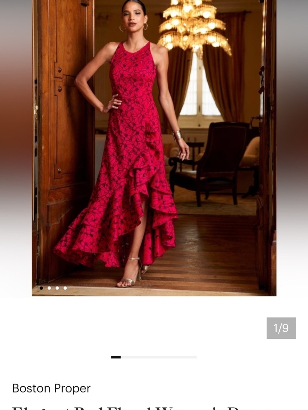 Boston Proper Red Floral High-Low Ruffle Dress